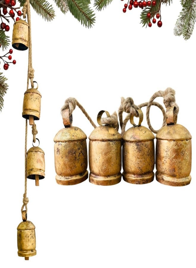 Mie Creations Mie Creation Set of 4 Rustic Vintage Cow Bells Cluster on Jute Rope, Christmas Tree Decorations, Handmade Metal Harmony Cowbells, Shabby Chic Wall Hanging, Holidays Wreath decor - Antique Gold 34 inch - Image 1